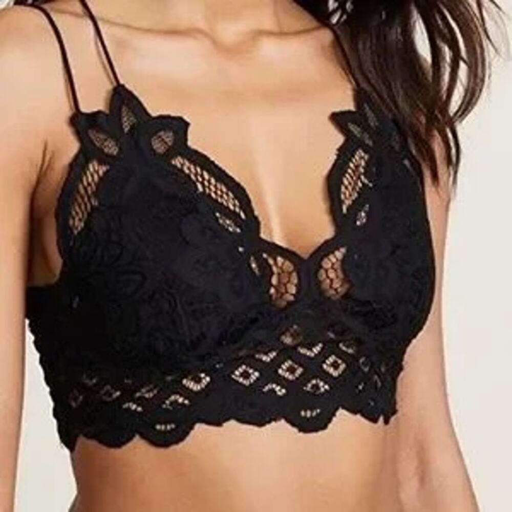 Free People Women's Adella Bralette Black Size Medium Lace Cotton Ruched